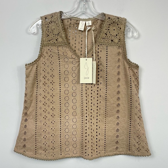 JOIE Tan Eyelet Crochet Sleeveless Blouse NWT S V-Neck Cotton Tank Top $98 - Picture 6 of 14